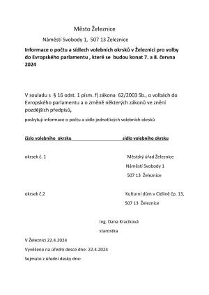 Informace o počtu a sídlech volebních okrsků v Železnici pro volby do Evropského parlamentu 7. a 8. června 2024  1