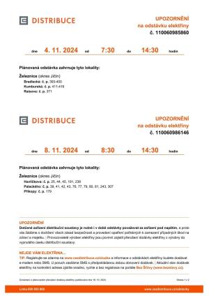 Plánované odstávky elektřiny v Železnici 4. a 8. 11. 2024 1